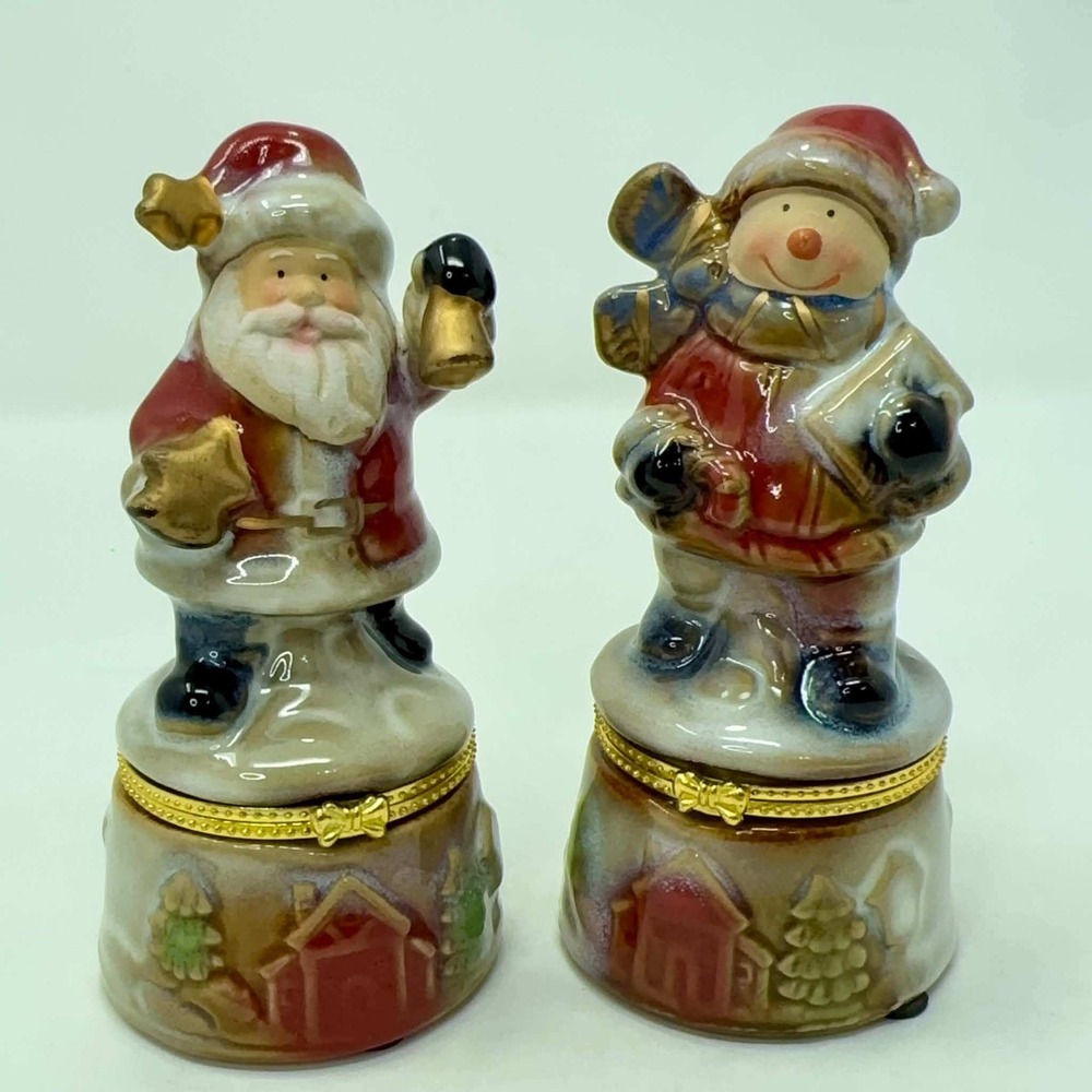Vintage Santa Snowman Hinged Trinket Box Set Ceramic Christmas Village 5"